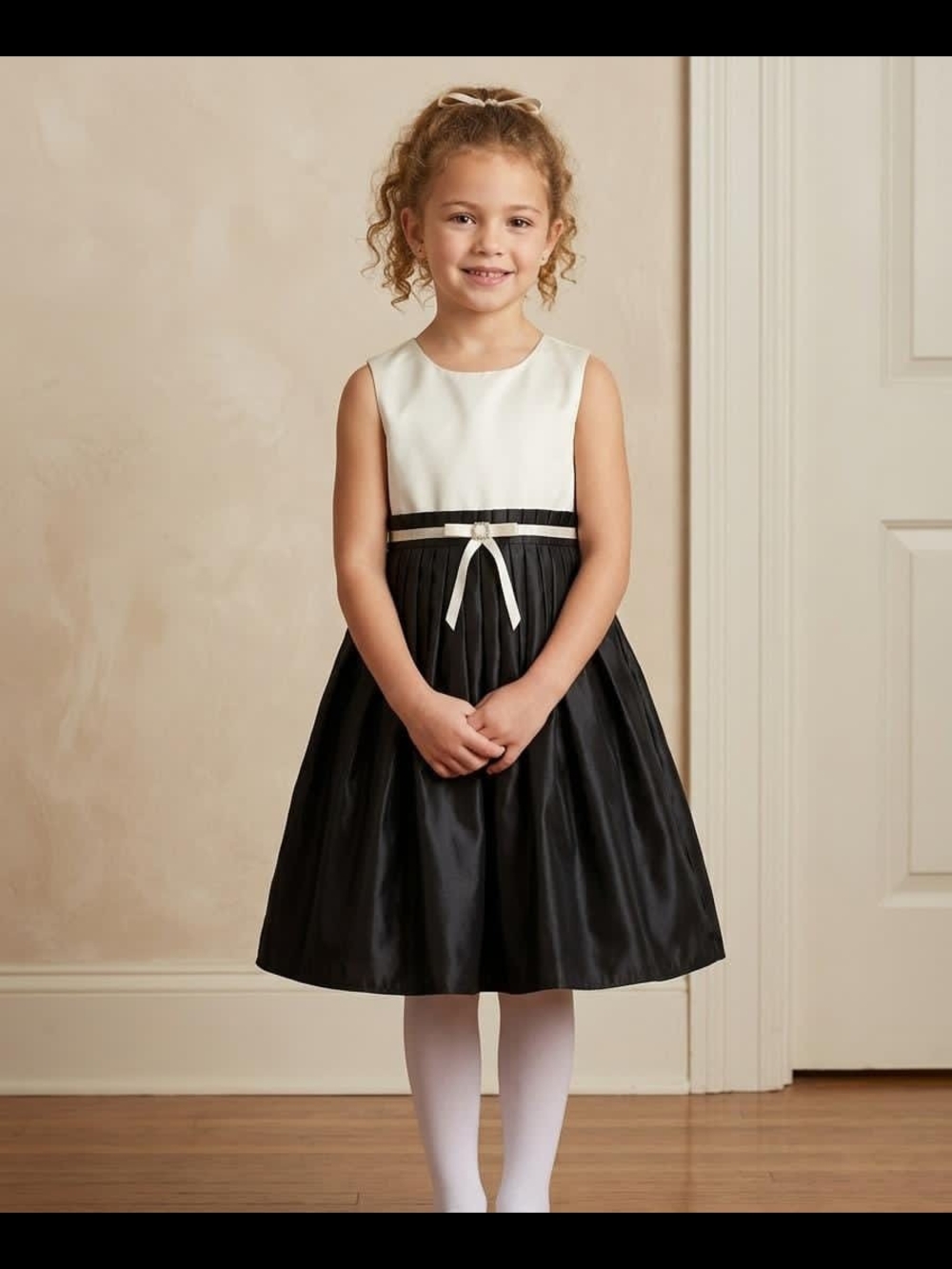 Girls Black and White Satin Party Dress with Ribbon Waist